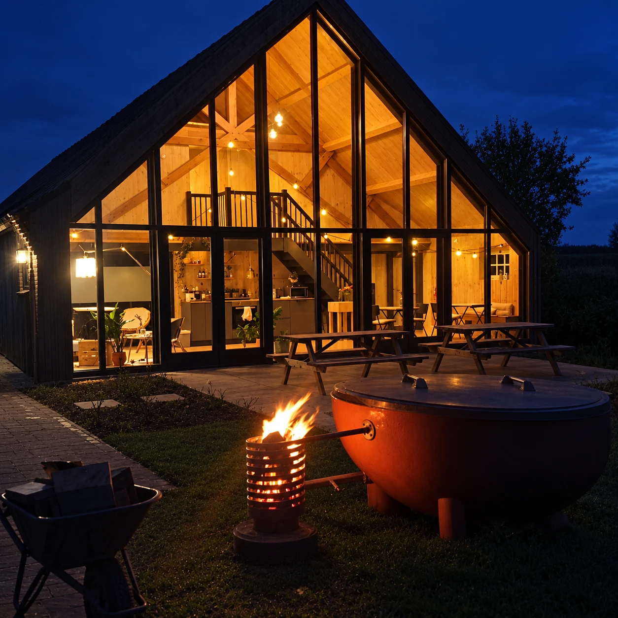 De verlichte Wagenloods bij avond, met terras, hottub en brandend vuur