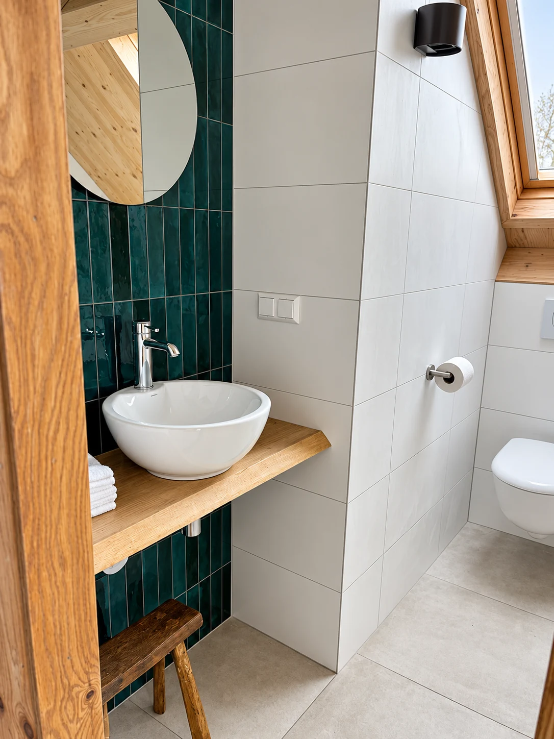 Eigen badkamer met wastafel, ronde spiegel, groene tegels en dakraam