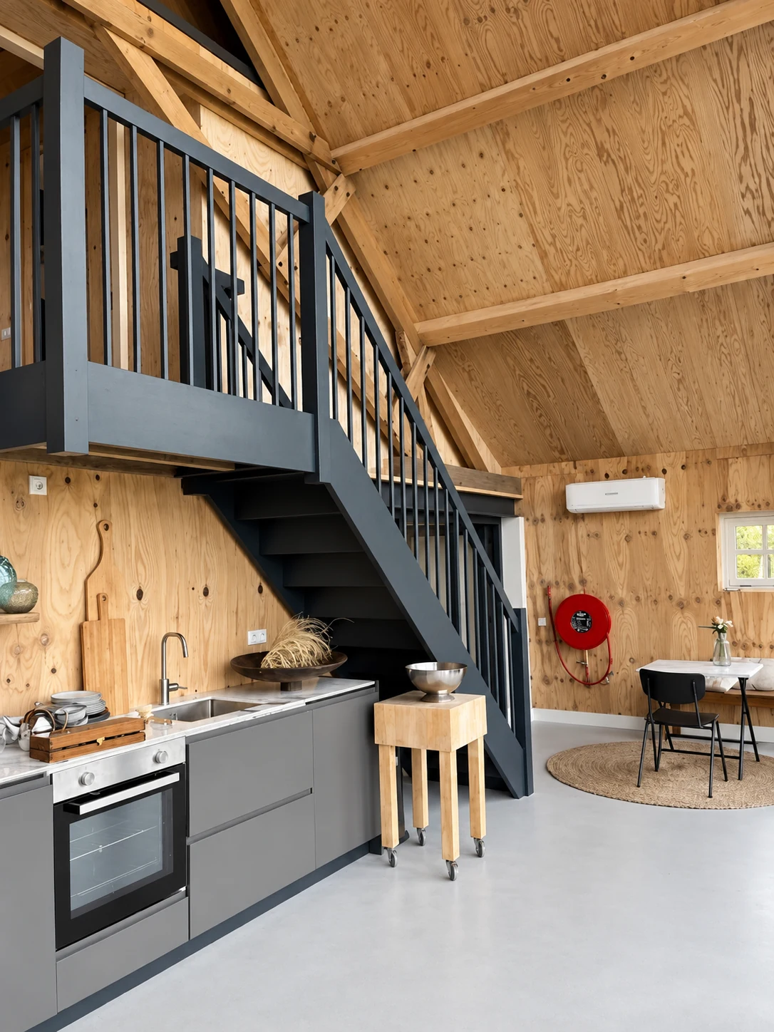 Keuken met oven en de donkere trap onder de houten spanten